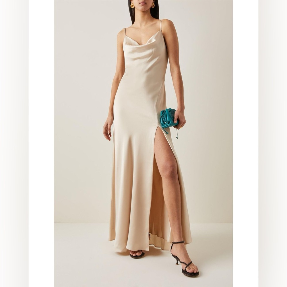 Jonathan Simkhai NWT 4 Finley Draped Satin Gown Cowl Neck Slit Champagne Beige